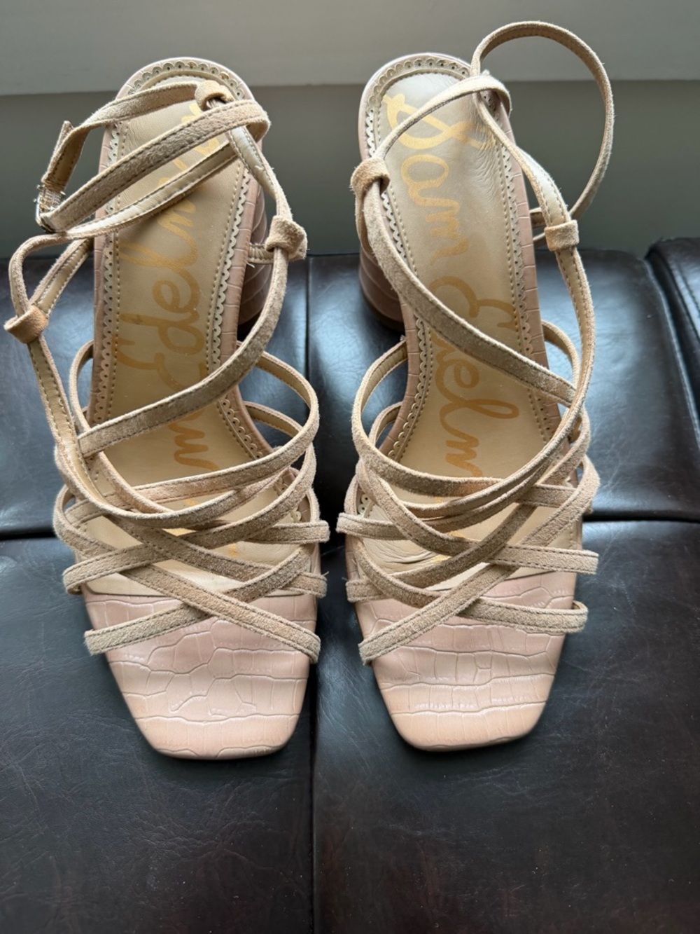 Sam Edelman Beige Strappy Lace-Up Block Heel Sandals